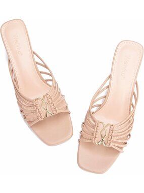 Wetviro Women's Nude Square Open Toe Elegant Sandals Kitten Heel Sandals